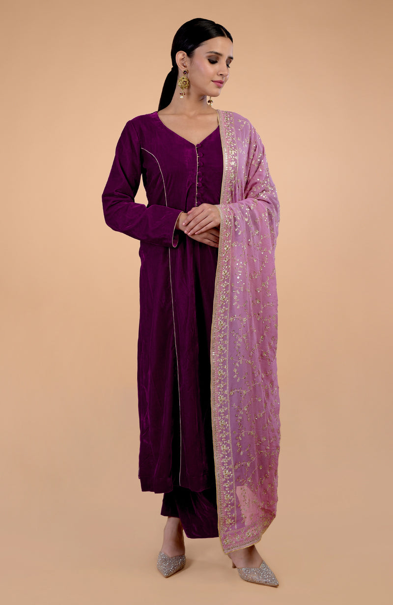 Elderberry Floral Zari & Sequin Embroidered Dupatta with Plum Velvet Suit