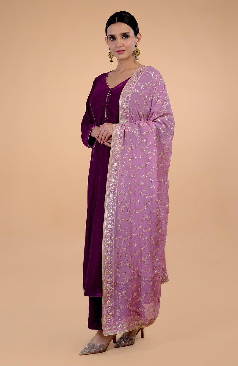 Elderberry Floral Zari & Sequin Embroidered Dupatta with Plum Velvet Suit