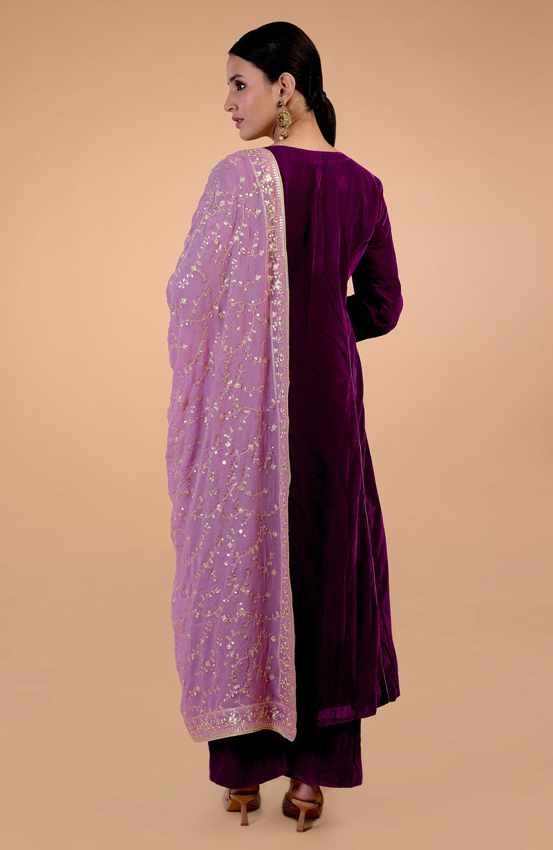 Elderberry Floral Zari & Sequin Embroidered Dupatta with Plum Velvet Suit