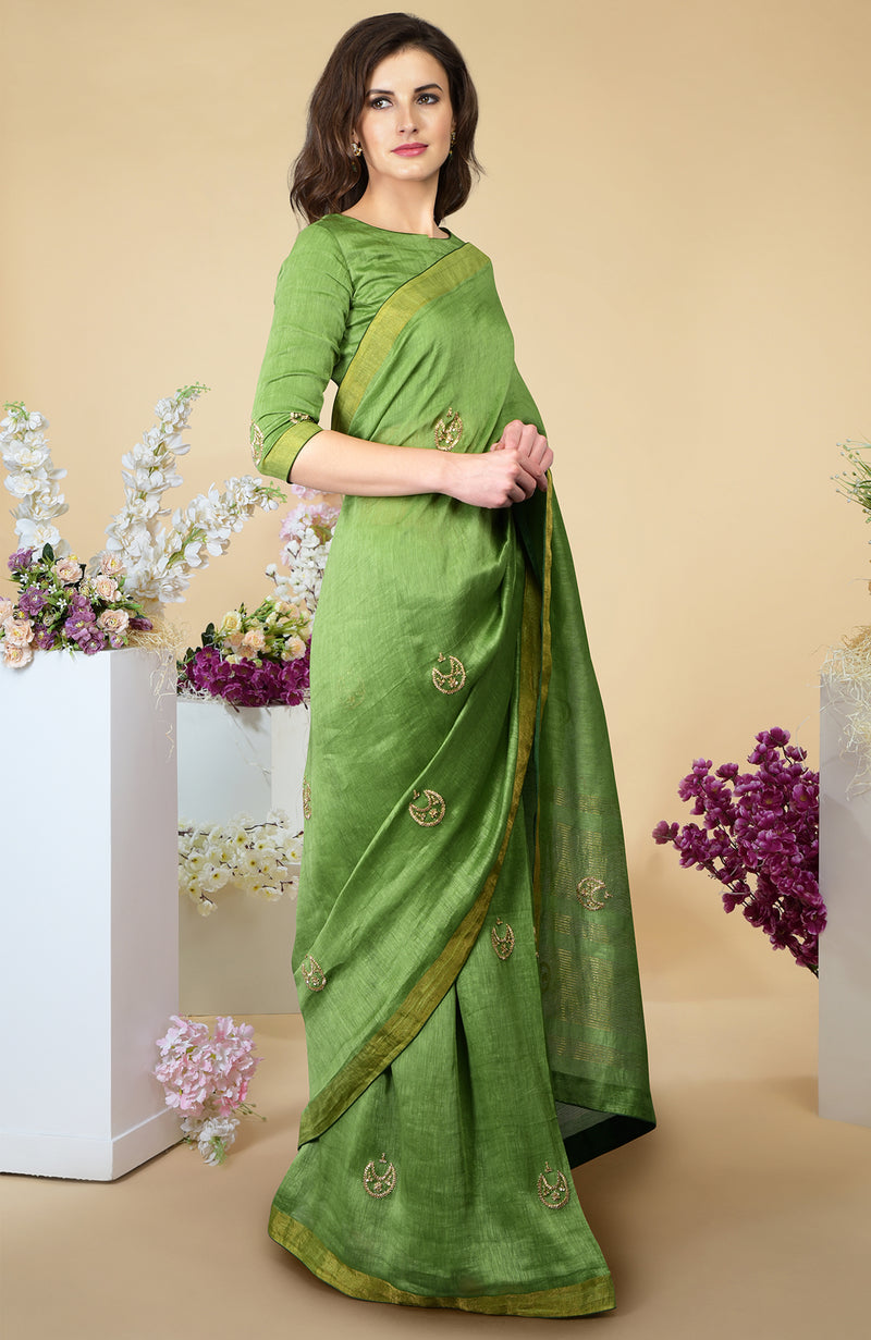 Pepper Stem Zardozi Hand Embroidered Linen Saree