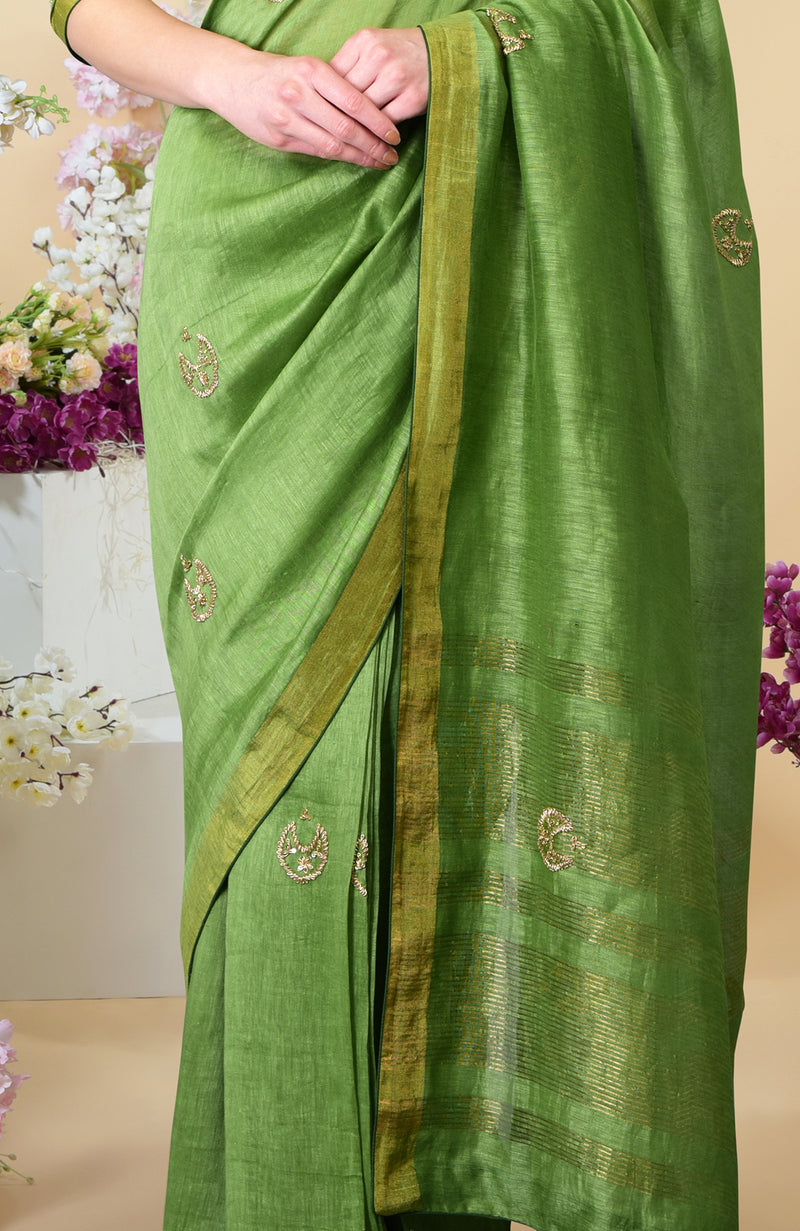 Pepper Stem Zardozi Hand Embroidered Linen Saree