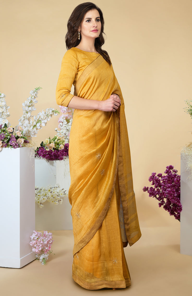 Citrus Zardozi Hand Embroidered Linen Saree