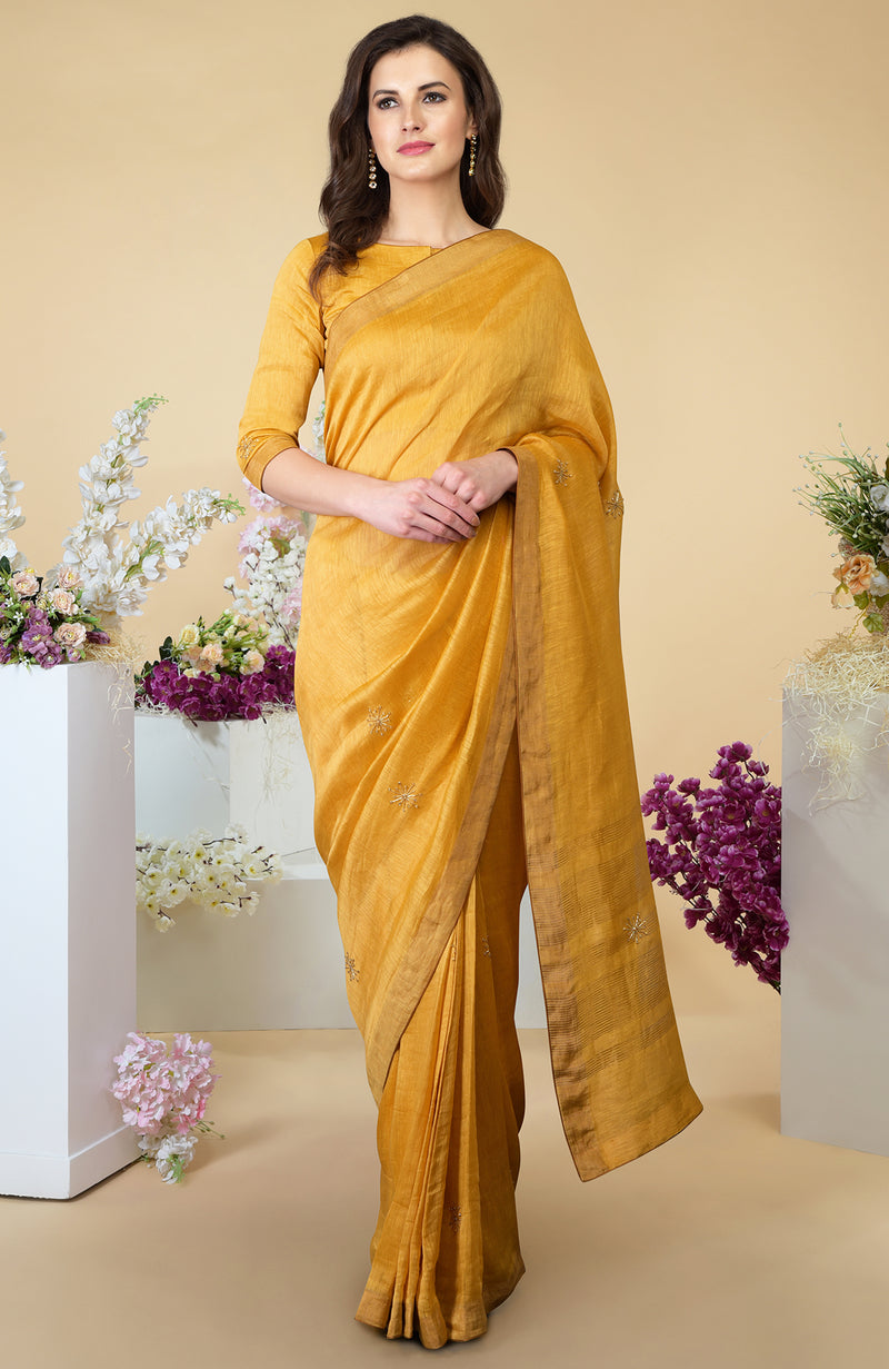 Citrus Zardozi Hand Embroidered Linen Saree