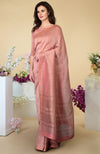 Pressed Rose Zardozi Hand Embroidered Silk Linen Saree