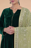 Bog Green Floral Zari and Sequin Embroidered Dupatta with Bottle Green Velvet Suit