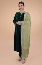 Bog Green Floral Zari and Sequin Embroidered Dupatta with Bottle Green Velvet Suit