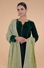 Bog Green Floral Zari and Sequin Embroidered Dupatta with Bottle Green Velvet Suit