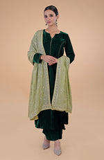 Bog Green Floral Zari and Sequin Embroidered Dupatta with Bottle Green Velvet Suit