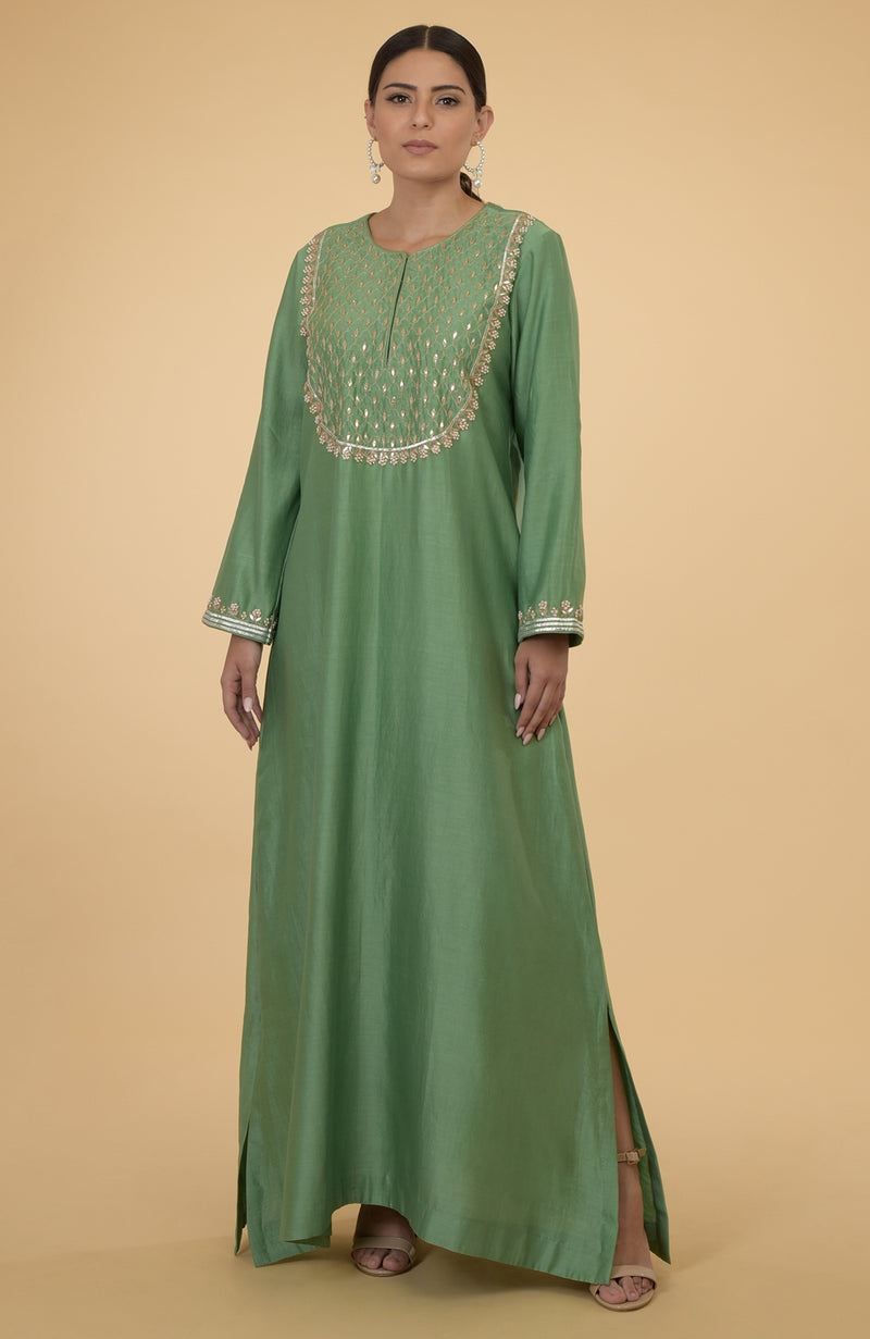 Green- Rose Gold Hand Embroidered Kaftan