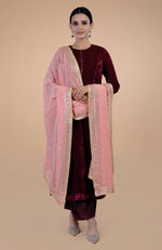 Peony Pink Floral Zari and Sequin Embroidered Dupatta with Maroon Velvet Suit