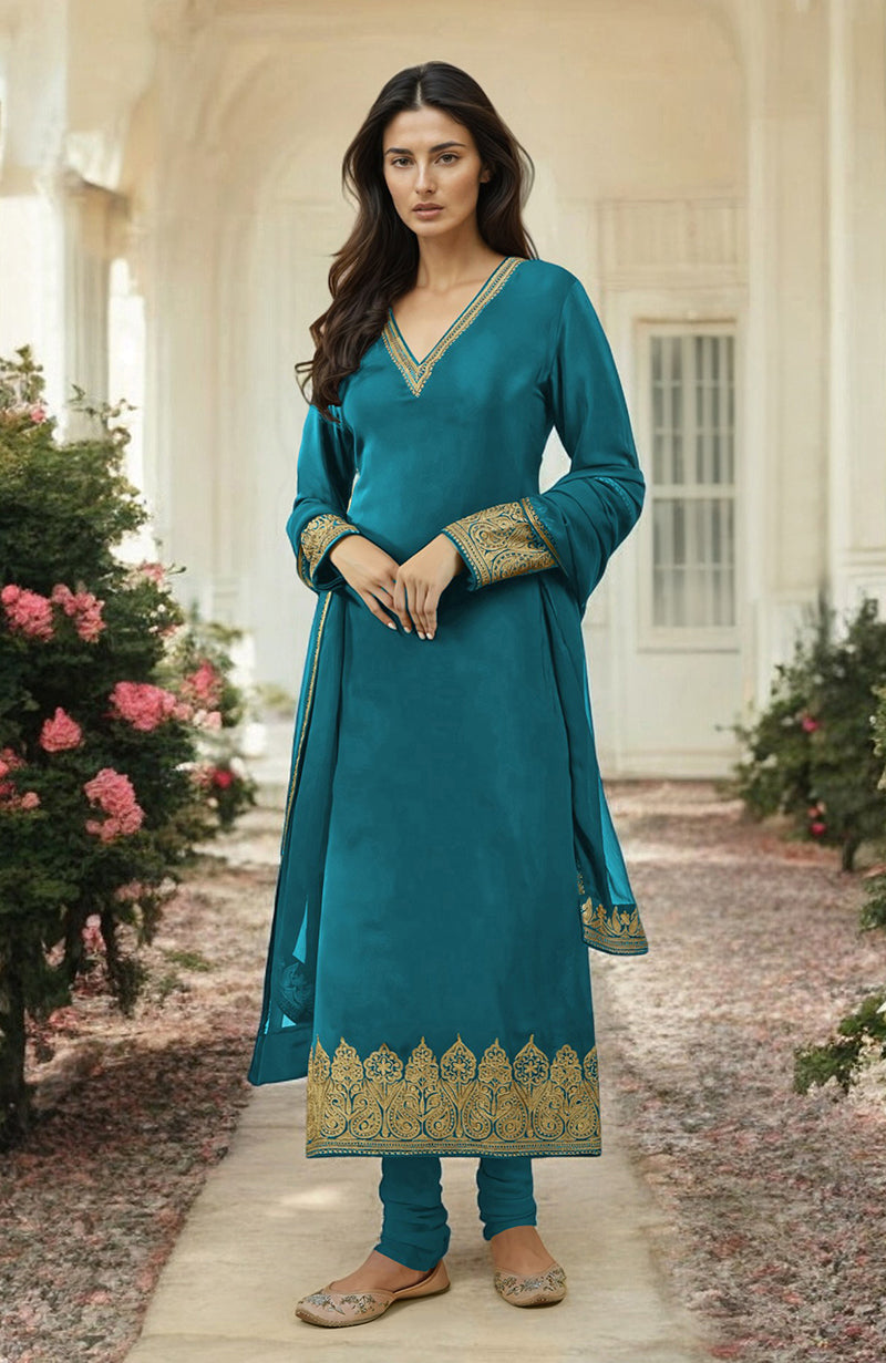 Peacock Blue Gold Kashmiri Tilla Aari Embroidered Kurta Set