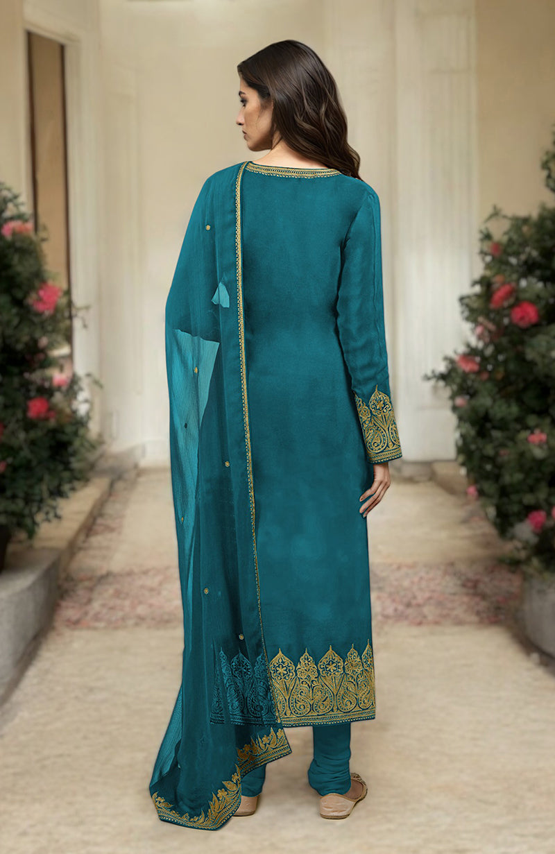 Peacock Blue Gold Kashmiri Tilla Aari Embroidered Kurta Set