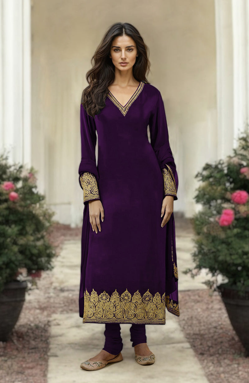 Plum Gold Kashmiri Tilla Aari Embroidered Kurta Set