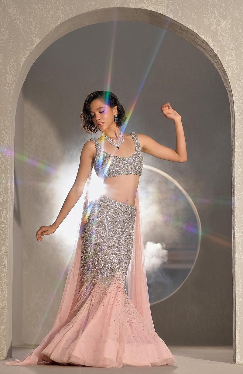 NAIRA- Pink Crystal and Pearls Hand Embroidered Mermaid Lehenga with Cape