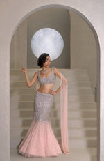 NAIRA- Pink Crystal and Pearls Hand Embroidered Mermaid Lehenga with Cape