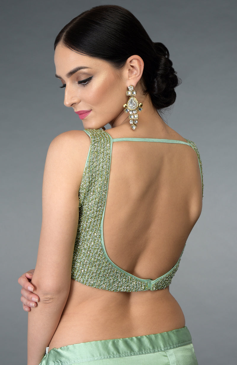 Mint Green Beads Hand Embroidered Saree & Blouse