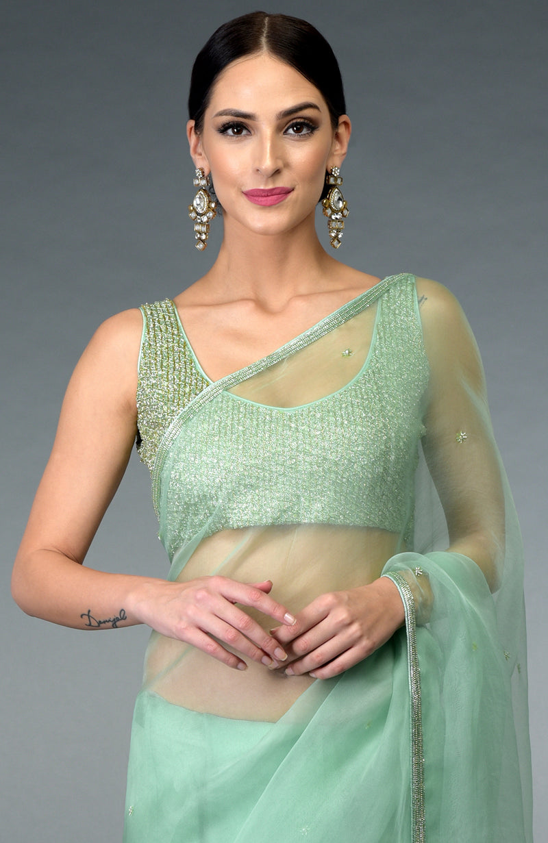 Mint Green Beads Hand Embroidered Saree & Blouse