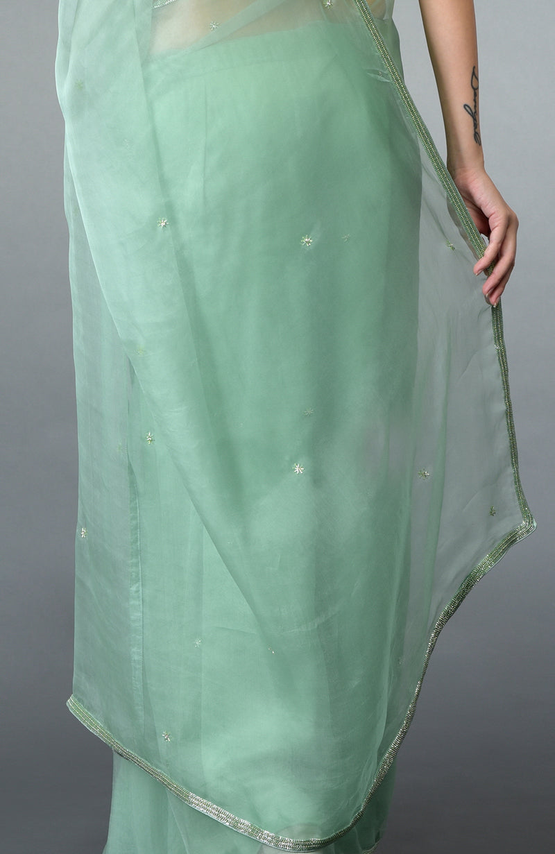 Mint Green Beads Hand Embroidered Saree & Blouse