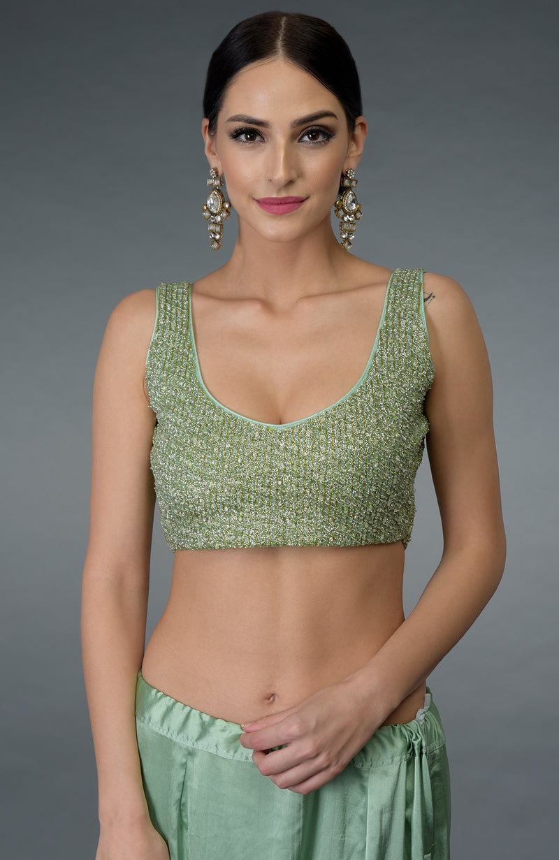 Mint Green Beads Hand Embroidered Saree & Blouse