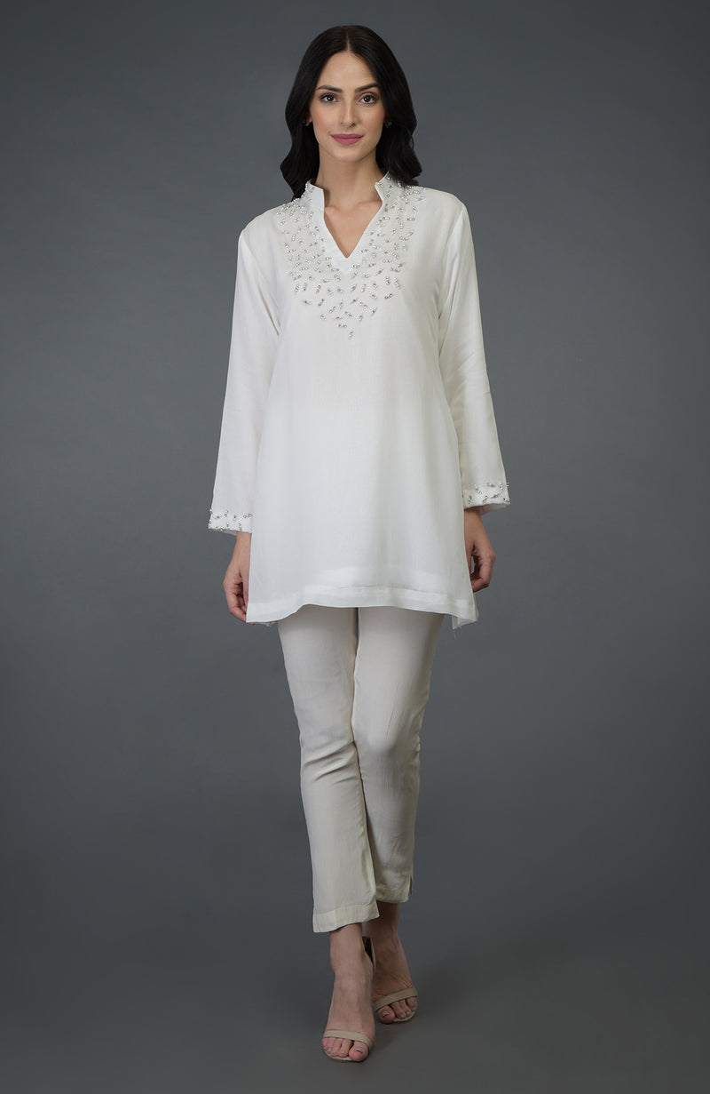 Off White Crystal and Pearl Beads Embroidered Tunic Top