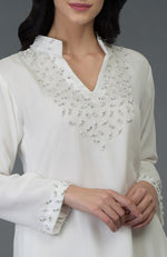 Off White Crystal and Pearl Beads Embroidered Tunic Top