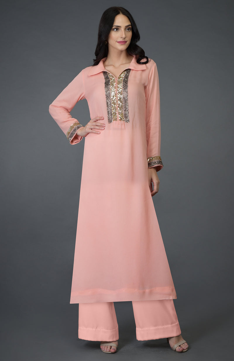 Peach Sequin & Beads Embroidered Kurta Set