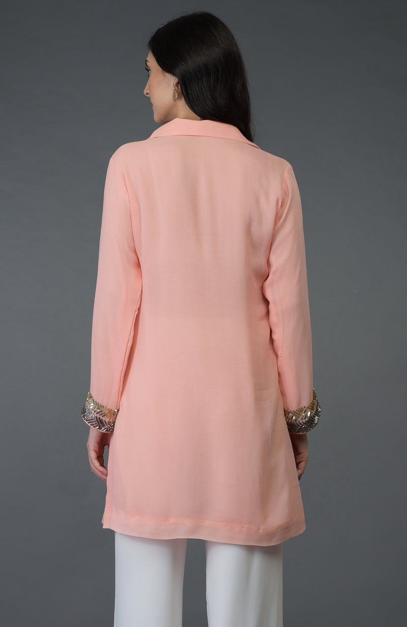 Peach Sequin and Beads Embroidered Tunic Top