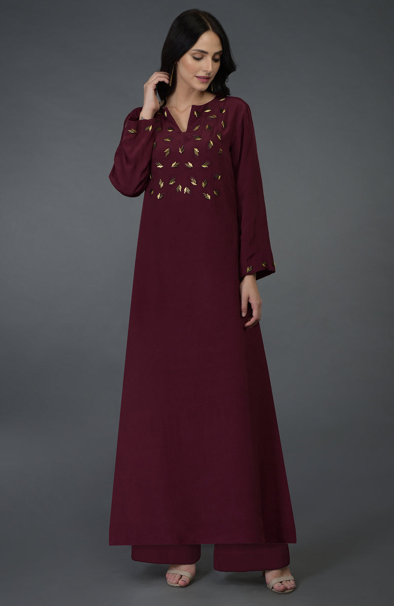 Burgundy Bugle Beads Embroidered Kurta Set