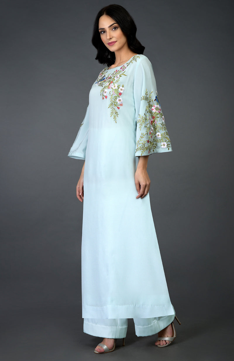 Serenity Blue Birds & Floral Embroidered Kurta Set