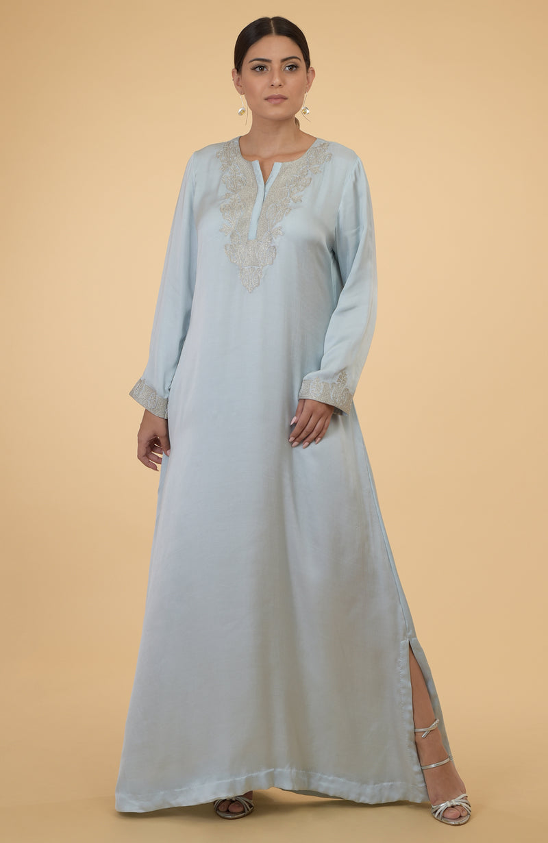 Serenity Blue- Silver Kashmir Embroidered Kaftan