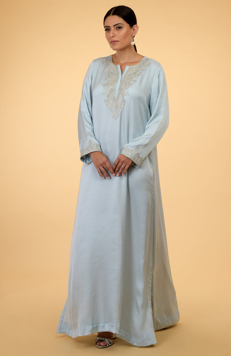 Serenity Blue- Silver Kashmir Embroidered Kaftan