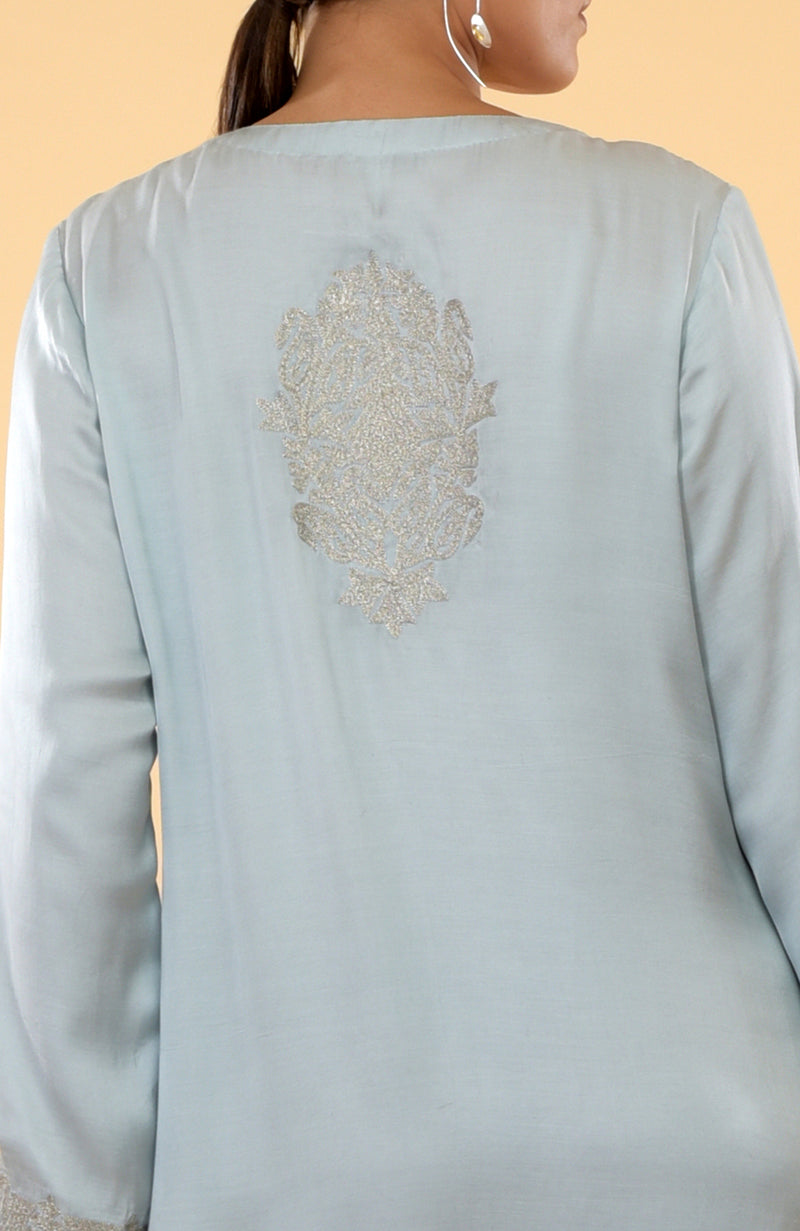 Serenity Blue- Silver Kashmir Embroidered Kaftan