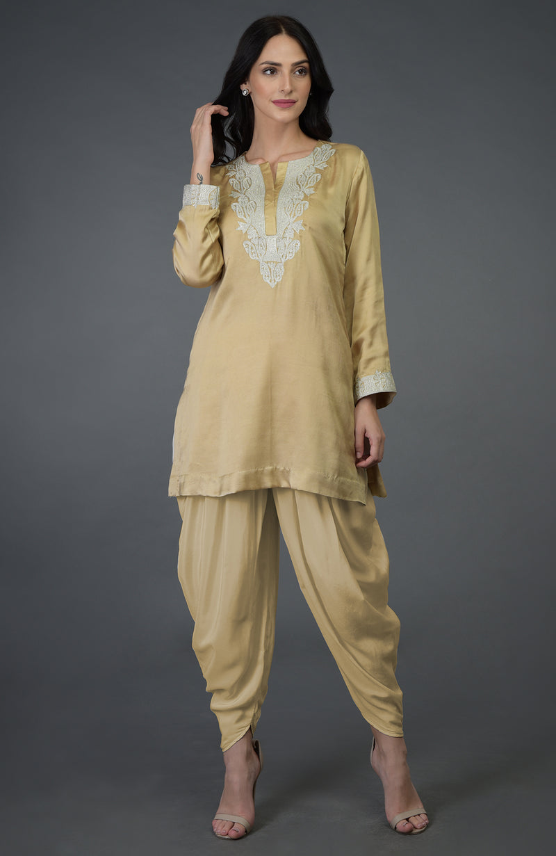 Beige Gold Kashmiri Tilla Embroidered Dhoti Pants Suit