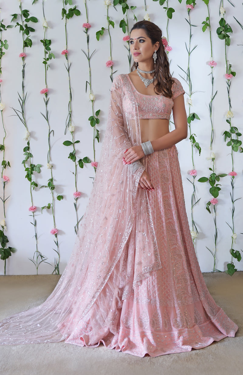 Pink Chikankari & Beads Zardozi Hand Embroidered Lehenga Set