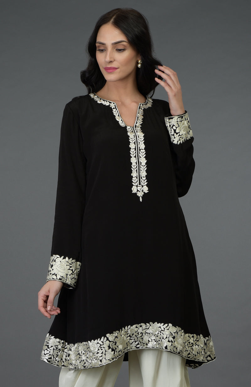 Black Parsi Gara Embroidered Patiala Pants Suit