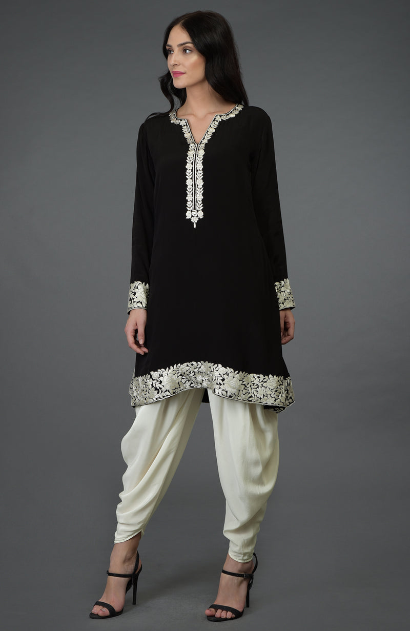 Black Parsi Gara Embroidered Patiala Pants Suit