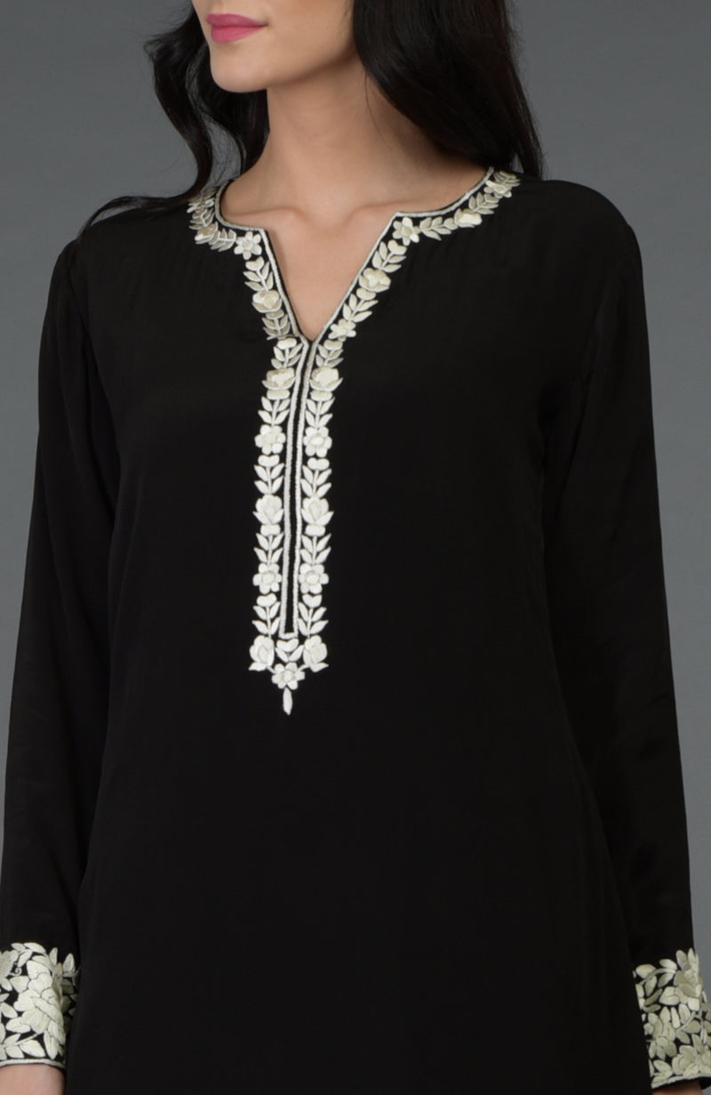 Black Parsi Gara Embroidered Patiala Pants Suit