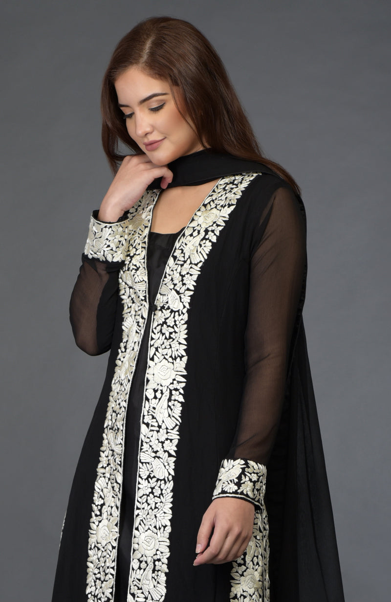 Black- Ivory Parsi Gara Embroidered Overlay Suit