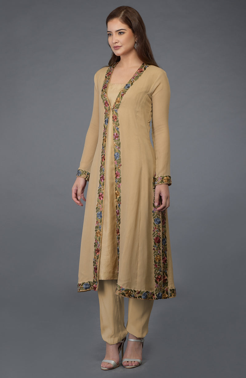 Beige Parsi Gara Embroidered Overlay Suit