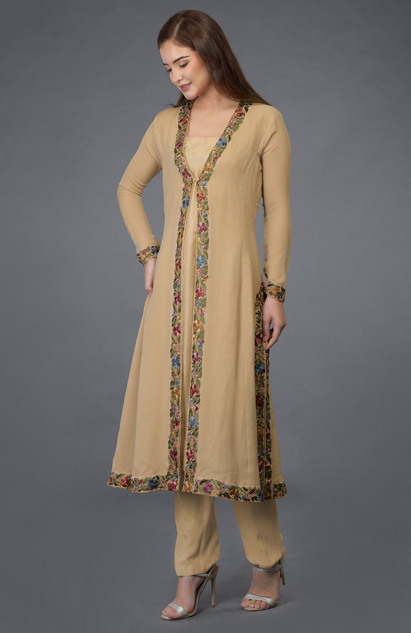 Beige Parsi Gara Embroidered Overlay Suit