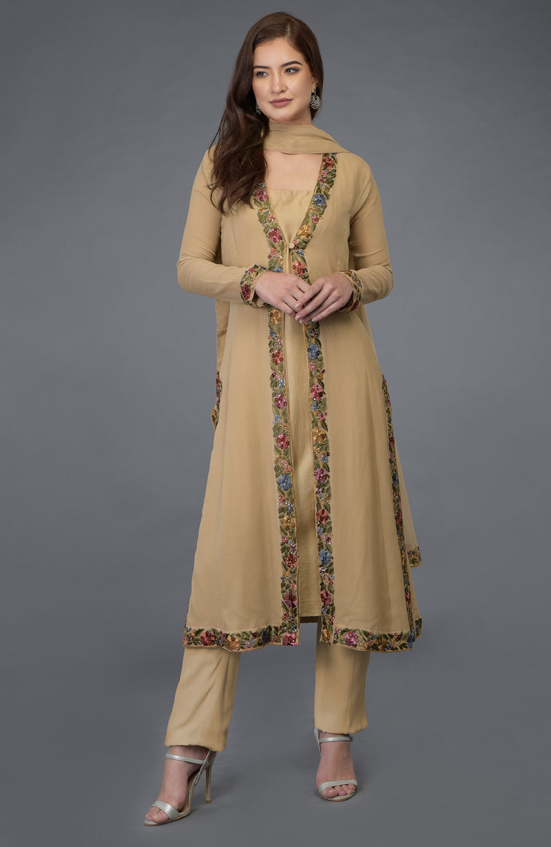 Beige Parsi Gara Embroidered Overlay Suit