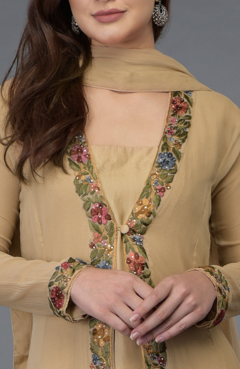 Beige Parsi Gara Embroidered Overlay Suit