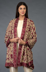 Beige-Maroon Parsi Gara Pure Pashmina Shawl