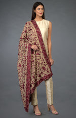 Beige-Maroon Parsi Gara Pure Pashmina Shawl