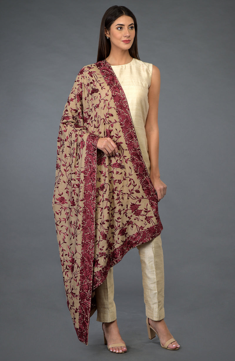 Beige-Maroon Parsi Gara Pure Pashmina Shawl