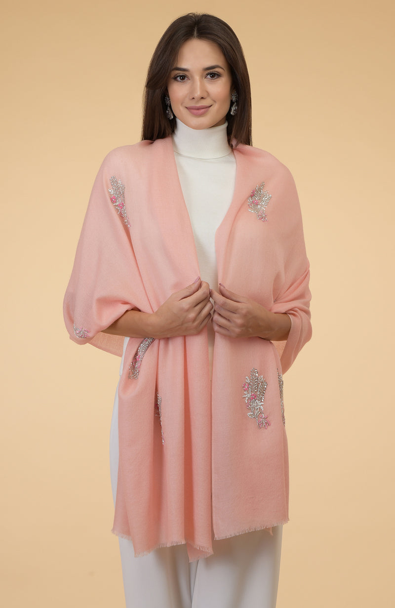 Pastel Peach Floral Hand Embroidered Pure Cashmere Stole