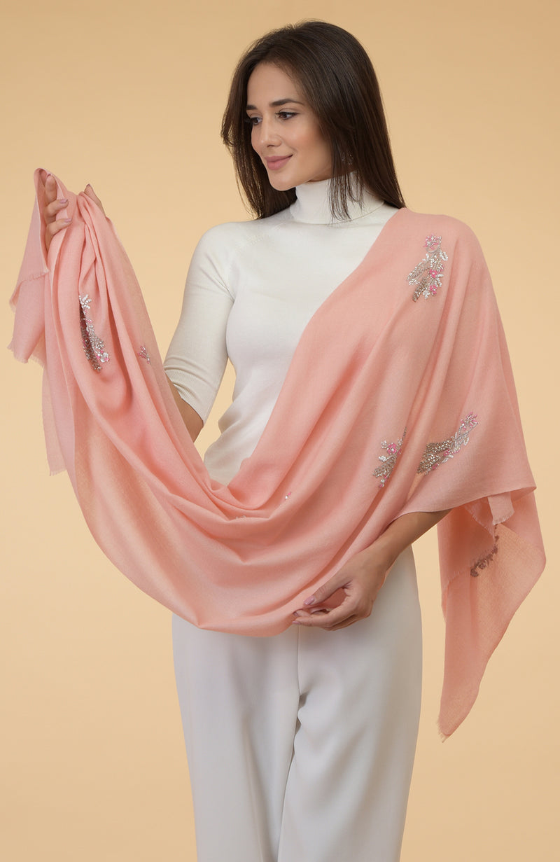 Pastel Peach Floral Hand Embroidered Pure Cashmere Stole