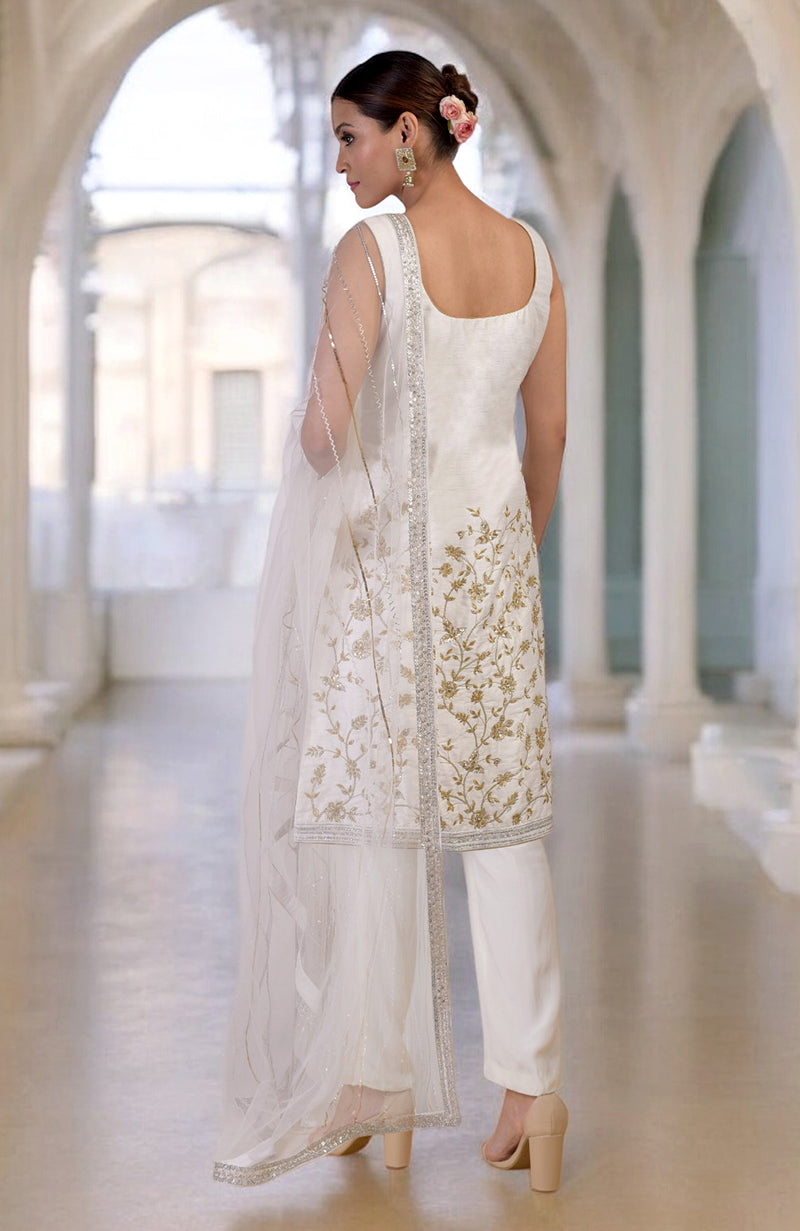 White-Gold Hand Embroidered Kurta  Set