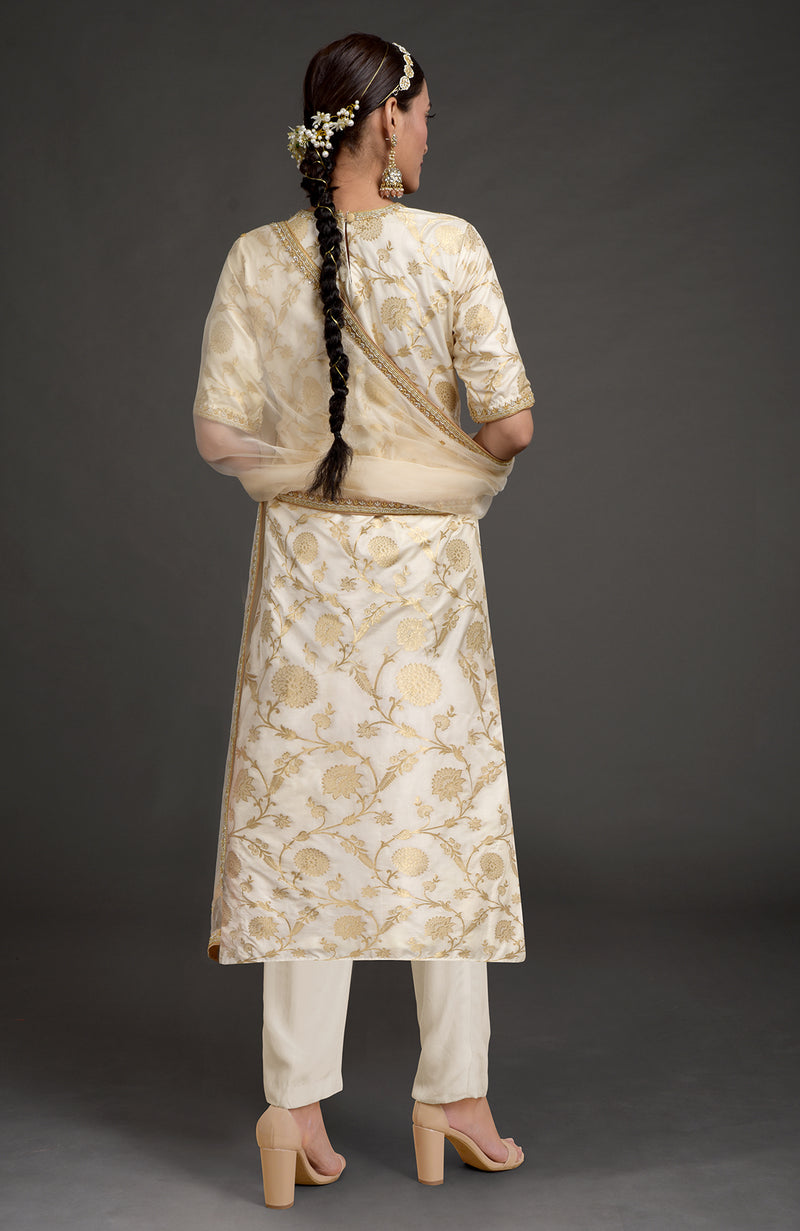 Ivory Benarasi Weave Zardozi  Kurta Set