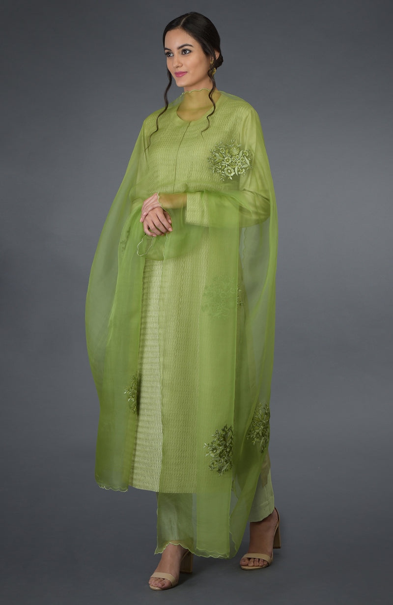 Pista Green Pintuck Silk Kurta Set with Dupatta